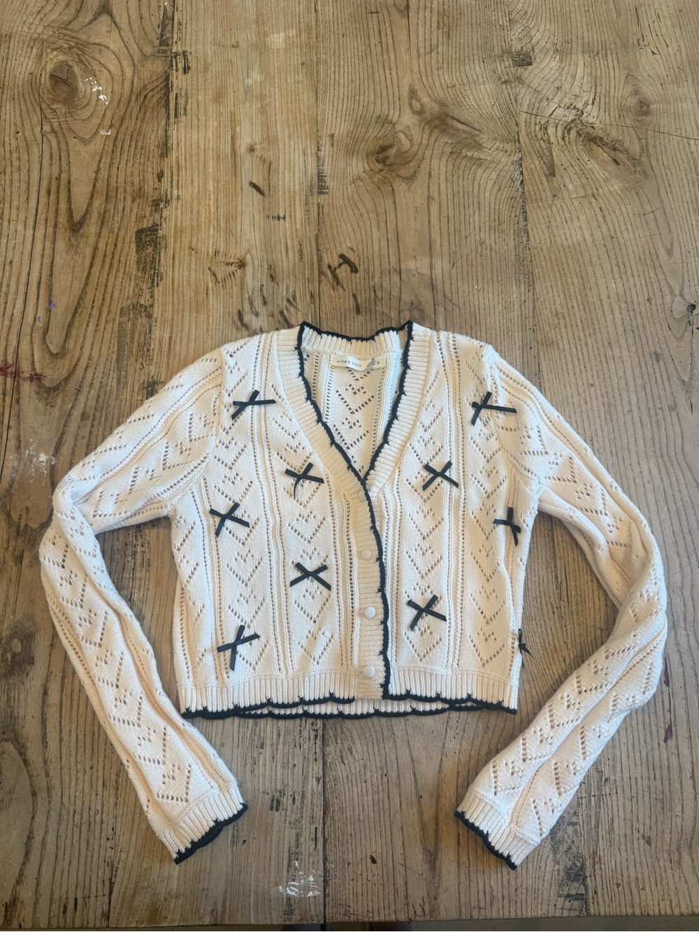 Altar'd State Cream Knit Cropped Cardigan with Black Trim